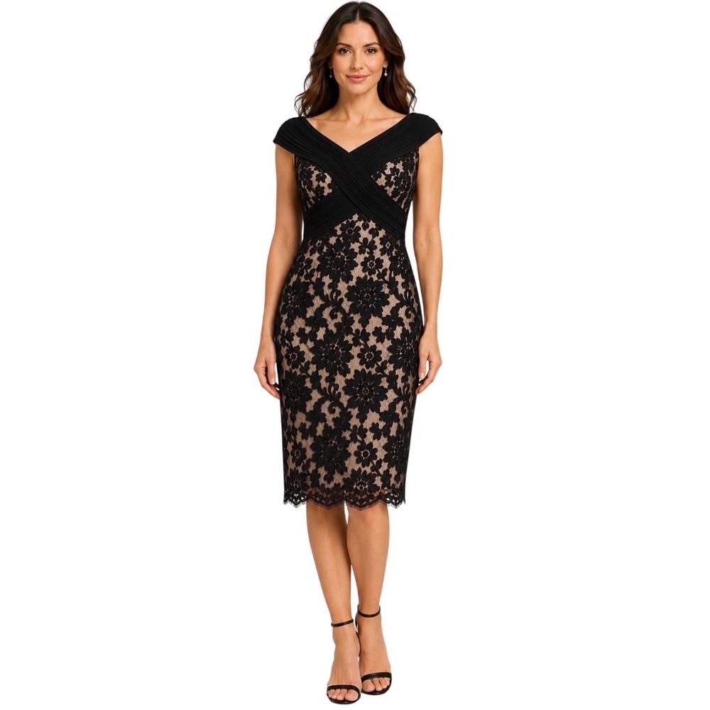 Tadashi Shoji Petite Black Nude Floral Lace Cocktail Dress 14P Cap Sleeve